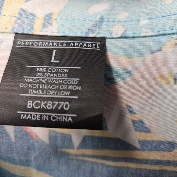 Mens Large Rising Tide Aloha Camp Shirt Blue Tropical Print Cotton Spandex Blend - Picture 2 of 8